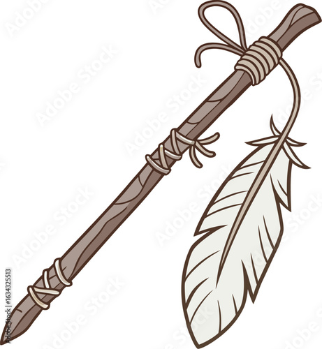 Native American style staff with feather stick wood