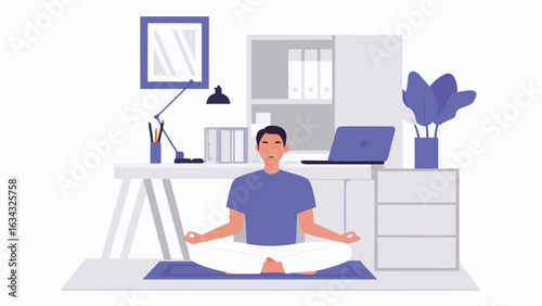 Man meditating in office setting with desk, laptop, lamp, and plant for a calm work environment