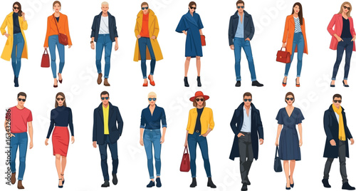 Group of fashionable people wearing various outfits and accessories standing on a white background