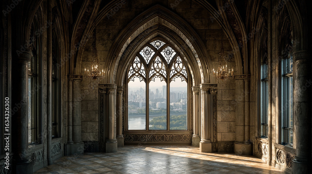 Obraz premium Ornate gothic hall with large arched window overlooking city skyline and river landscape view