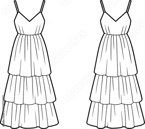 Spaghetti strap tiered maxi dress fashion flat, trendy summer outfit sketch, sleeveless casual dress CAD drawing for designers
