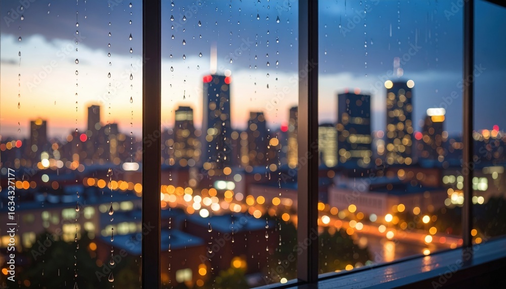 Fototapeta premium Rainy City Skyline At Sunset Through Window