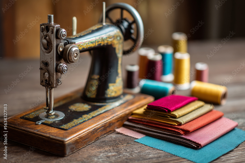 Fototapeta premium Classic boomer sewing machine resting on a wooden table surrounded by colorful threads and fabric swatches.
