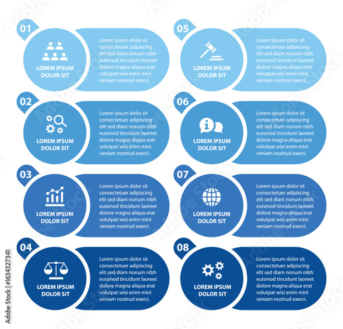 8 steps infographic template with 8 options. Flowchart that can be used for business report, data visualization and presentation. Timeline infographic elements vector illustration.
