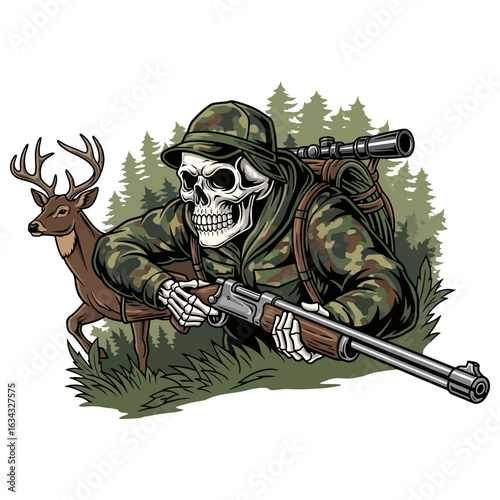 A skeletal hunter with a backpack aims a rifle low to the ground, stalking a deer in a wooded area.