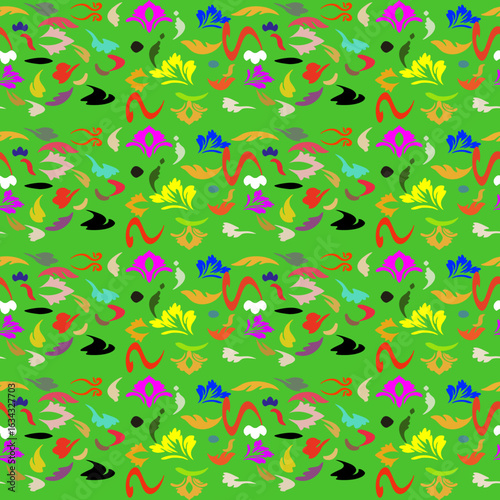 Seamless pattern featuring colorful Thai floral vector designs over a green backdrop. Great for summer-themed products, decor, and crafts.
