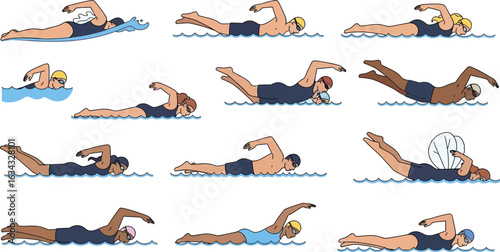 Illustration showing multiple people swimming freestyle with varying skin tones and headwear styles
