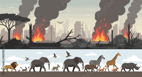 Vector Illustration Showing Wildlife Animals with Flat Modern Design Style with Post Apocalyptic City Background
