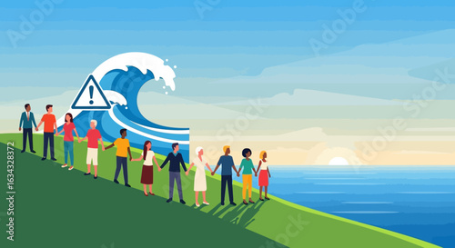 Vector Illustration of a Tsunami Warning with People Holding Hands on a Green Hill Against Blue Sky Landscape with Ocean in Modern Style