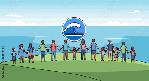 Vector Illustration of People Holding Hands with Wave Icon for Teamwork and Community in Modern Style