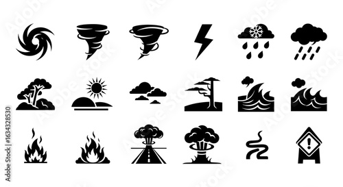 Weather and natural disaster icons in bold silhouette style