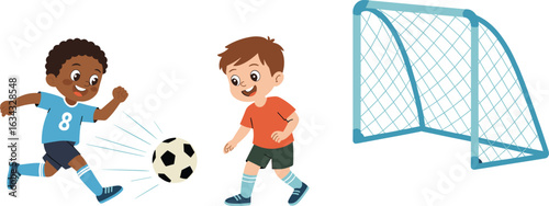 Two cartoon boys playing soccer near a goal post, football kids in action, youth sports activity, soccer training scene.