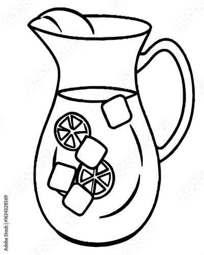 Lemonade Pitcher Drawing, Black and White, Summer Drink Illustration