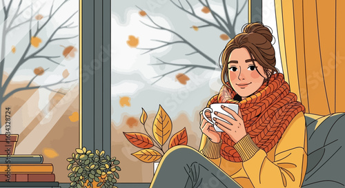 Vector Illustration of Woman with Hot Drink by Window in Autumn Scene Modern Vector Art