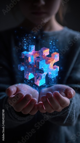 Child's hands hold a glowing puzzle piece