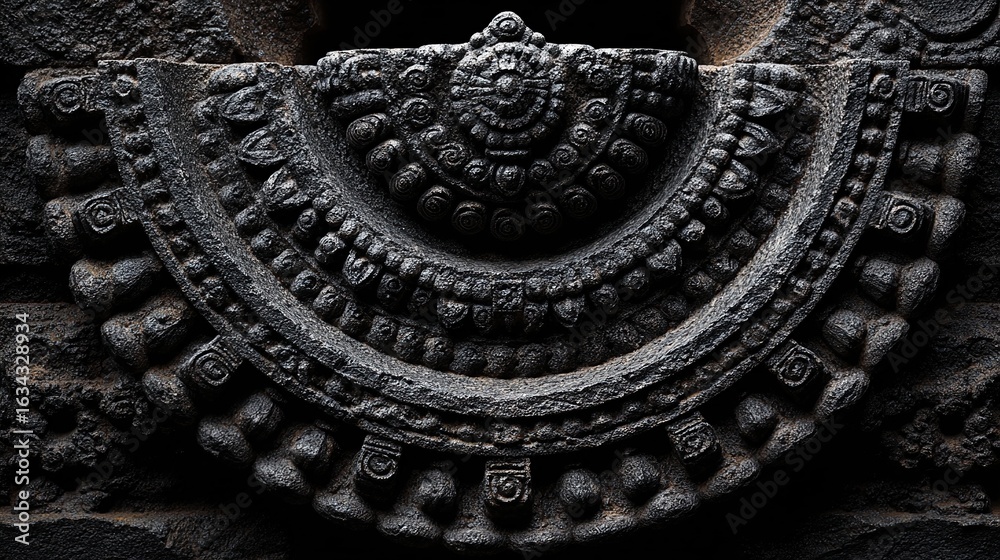 Obraz premium Intricate semi-circular stone carving with floral and geometric patterns, textured surface