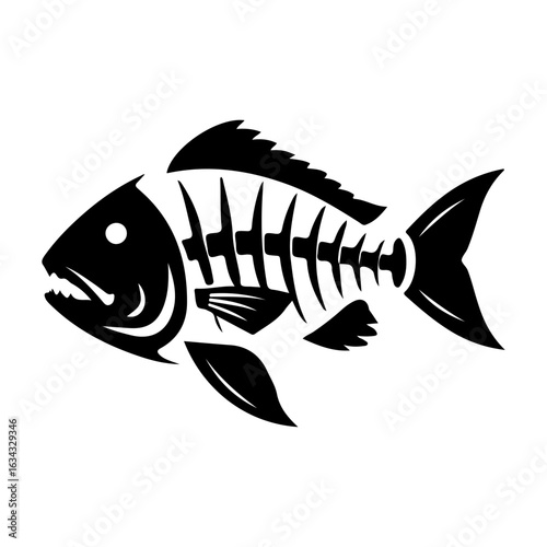 Black silhouette of a fish skeleton with sharp teeth bones illustration