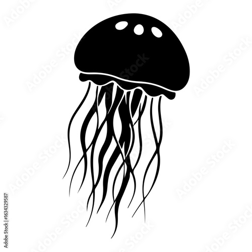 Black Silhouette of a Jellyfish with Long Tentacles on White Background marine life
