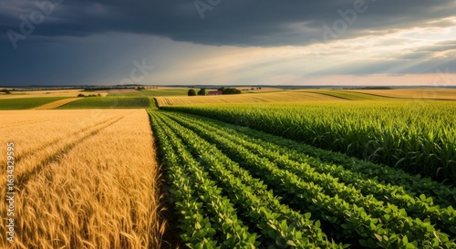 Wallpaper Mural Golden wheat field meets green soybean and corn crops under a dramatic sky with sun rays and a distant farm. Rural agriculture landscape. Torontodigital.ca