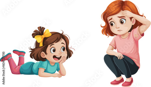 Two girls cartoon, one lying excitedly with bow, other sitting worried, contrasting emotions, childhood friendship, playful and anxious kids illustration.