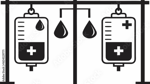 Illustration of two intravenous drip bags hanging from a stand with two additional drip icons in the center silhouette