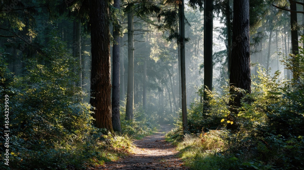 Fototapeta premium Sun-Dappled Trail in the Woods: A serene path meanders through a sunlit forest, with light filtering through tall trees creating a tranquil and enchanting scene.