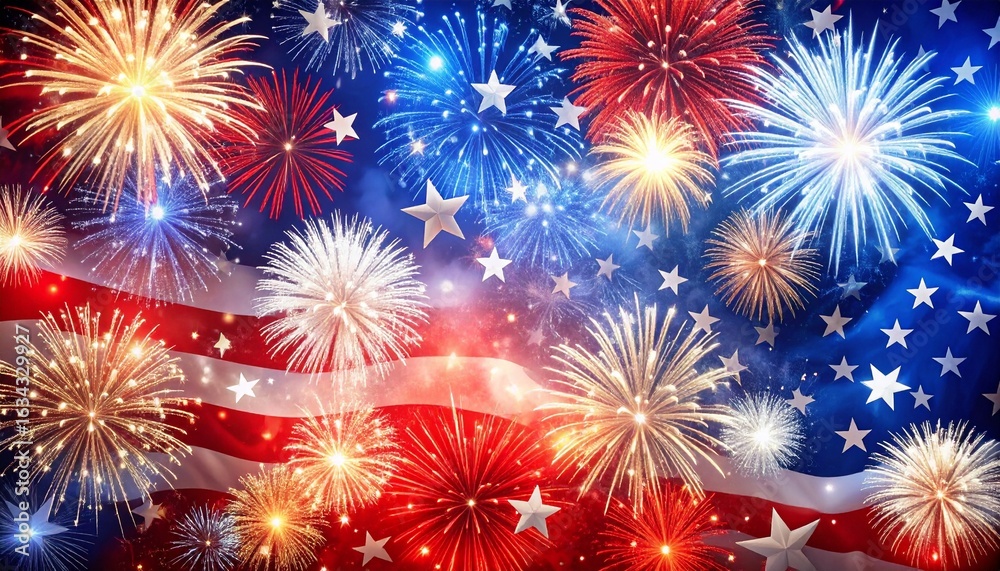 Fototapeta premium Realistic HD abstract background representing July, bold red, white, and blue palette with metallic sparks, firework-style radial shapes, flag-inspired layering and stars, dramatic contrast with centr