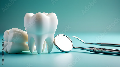 White molar tooth model with dental mirror and explorer on teal background dentistry oral hygiene