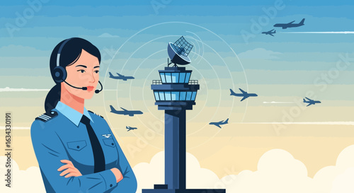 Illustration Vector of Air Traffic Controller Woman with Airplane and Control Tower Modern Aviation Design