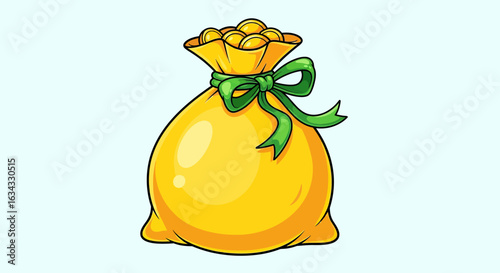Illustration Vector of Yellow Money Bag with Gold Coins and Green Ribbon in Cartoon Style