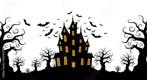 Spooky Haunted House Vector Illustration with Twisted Trees Flying Bats and Orange Window Glow in Halloween Style