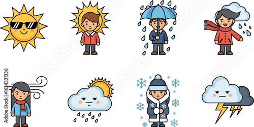 Weather icons depicting sunny rainy windy snowy and stormy conditions with cartoon characters and symbols