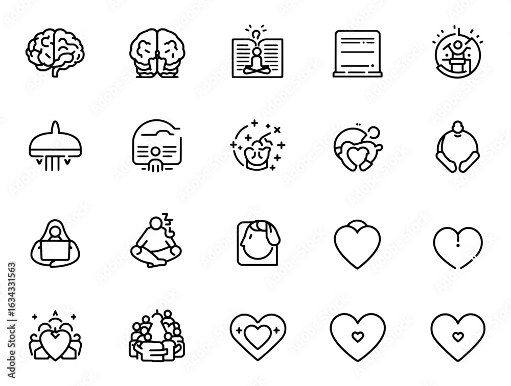 Fototapeta premium A vector icon bundle focused on self-care and mental well-being. Features minimalist symbols like meditation, sleep, self-love, and journaling. Ideal for health content, apps, and education.
