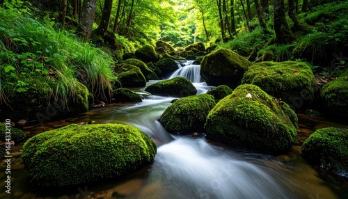 Forest Creek With Mossy Rocks And Flowing Water