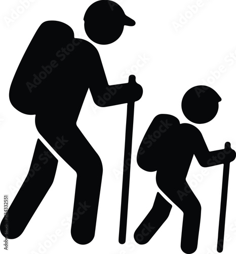 Silhouette hikers father and son with trekking poles vector illustrator