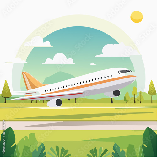 Airplane taking off with a sunny sky and a colorful illustration background scene