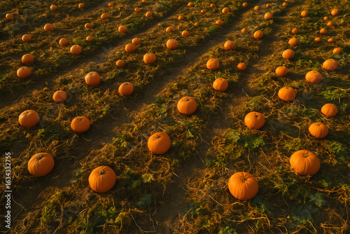Pumpkin Patch Panorama: A vast pumpkin patch, ablaze with the warm glow of the setting sun, invites a feeling of autumn and the harvest season.