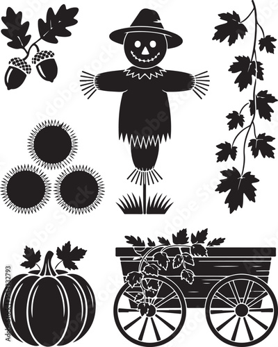Festive autumn scarecrow, pumpkin, acorns, sunflowers, wagon
