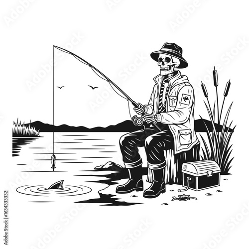 A skeleton fishes patiently by a tranquil lake as a fish jumps at the bait.