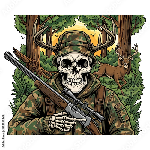 A skeletal hunter in camouflage holds a rifle in a dense forest, a deer in the background.