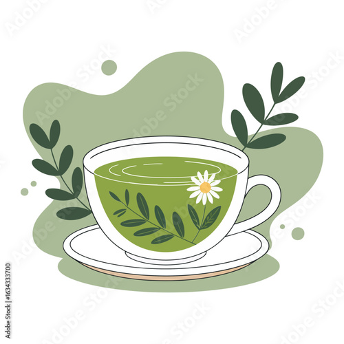 A clear glass teacup filled with green herbal tea and a chamomile flower vector