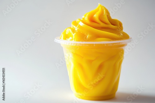 Bright yellow mango smoothie in a clear plastic cup isolated on white background