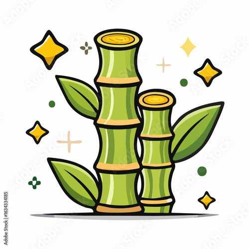 Stylized cartoon illustration of lush green bamboo stalks surrounded by sparkling elements