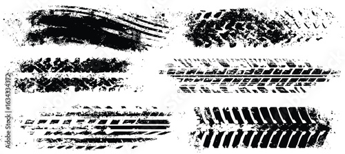 A vector set of six different black grunge tire track imprints. The distressed texture of wheel treads and skid marks isolated for design.