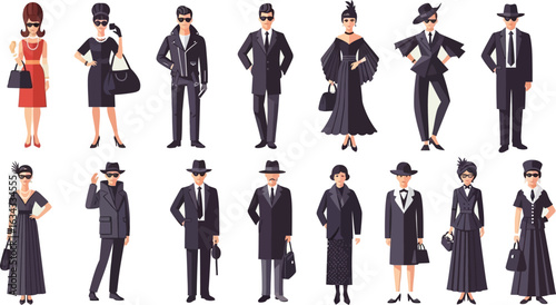 Group of stylized people in formal attire with sunglasses and accessories on a light background