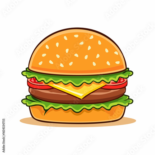 Cartoon depiction of a mouthwatering burger with all the trimmings on white backdrop