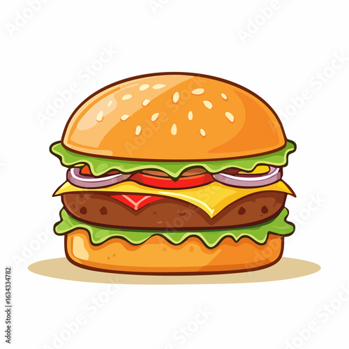 Delicious cartoon burger illustration with sesame seed bun and fresh ingredients