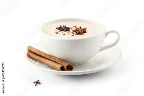 White cup of chai tea with cinnamon sticks and star anise isolated on white background