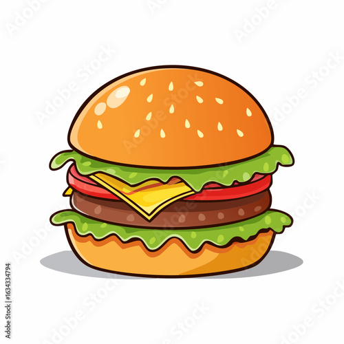 Cartoon burger featuring layers of fresh ingredients stacked between sesame seed buns