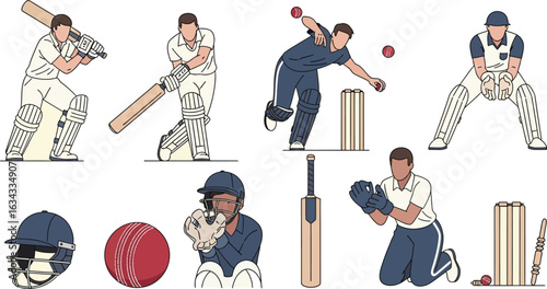 Illustrations showing various cricket players equipment and actions on a light background design style